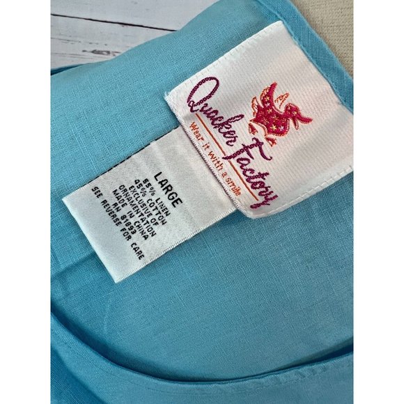 Quacker Factory Sleeveless Shirt Tank Top Cami Large Linen blend Rhinestone Blue - Picture 2 of 8